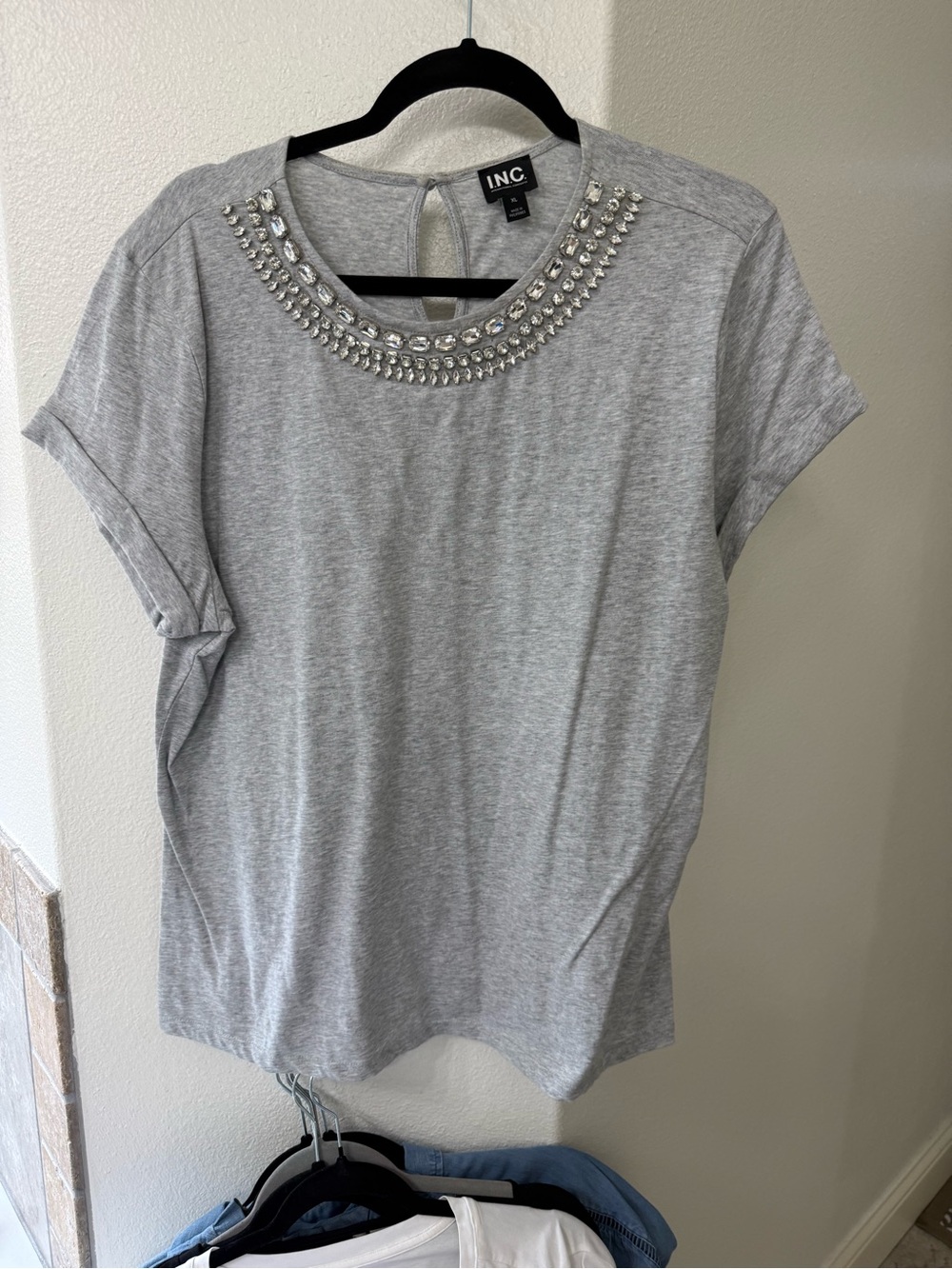 INC International Concepts Light Gray Jeweled Neck Short Sleeve Tee